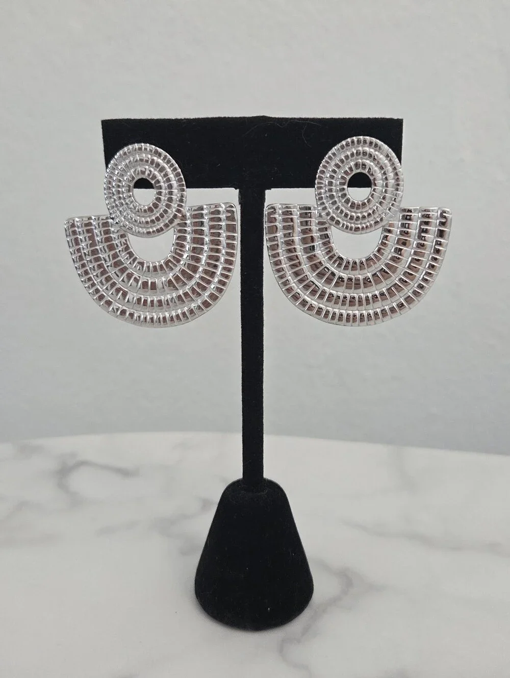 Stainless Steel Silver Textured Fan Dangle Earrings - Picture 9 of 14